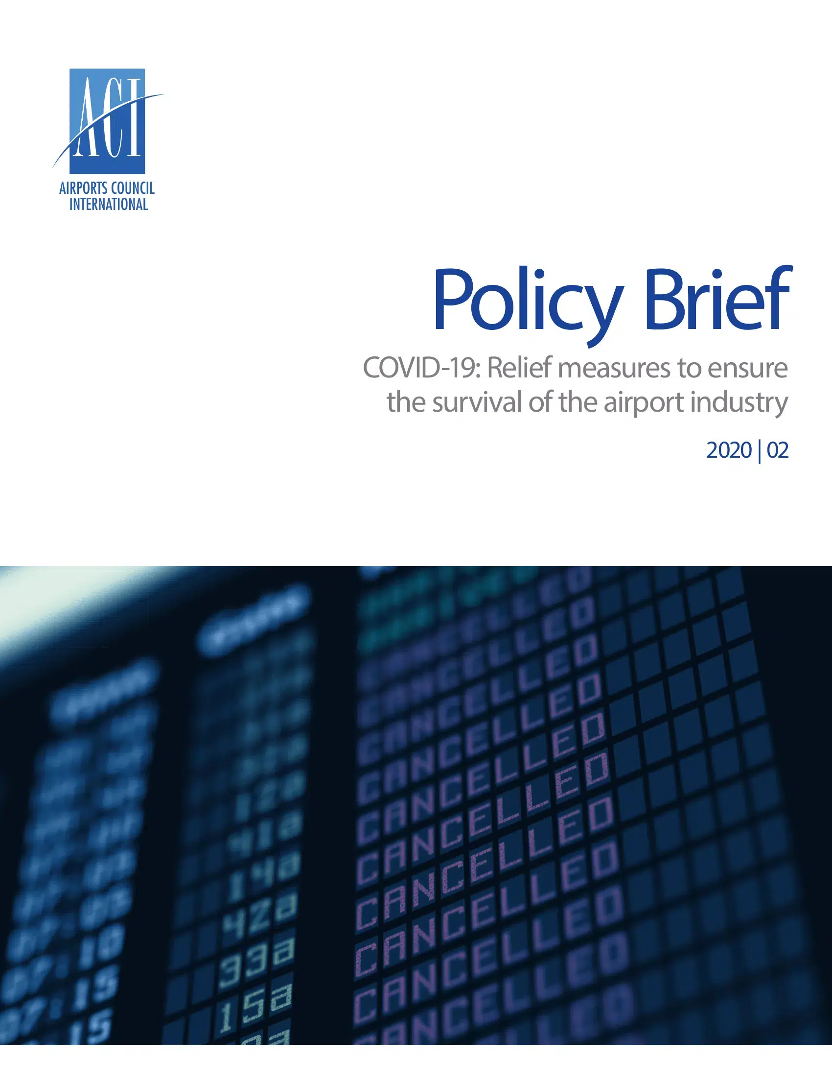 Cover of a policy brief titled COVID-19: Relief measures to ensure the survival of the airport industry, showing a digital flight board with multiple flights listed as cancelled.
