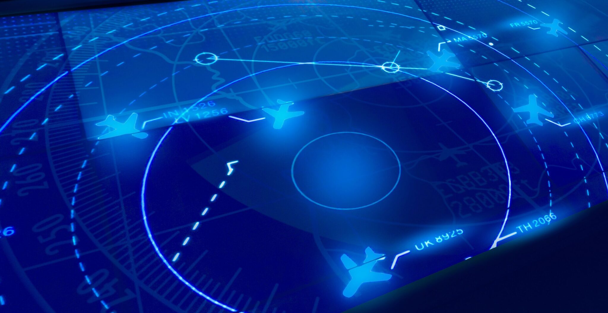 The (BUNDLE) MWATR + MIPFTR (Excel) features a digital radar display with airplane icons, flight paths, and coordinates in blue tones—ideal for air traffic control and aircraft navigation visualization.