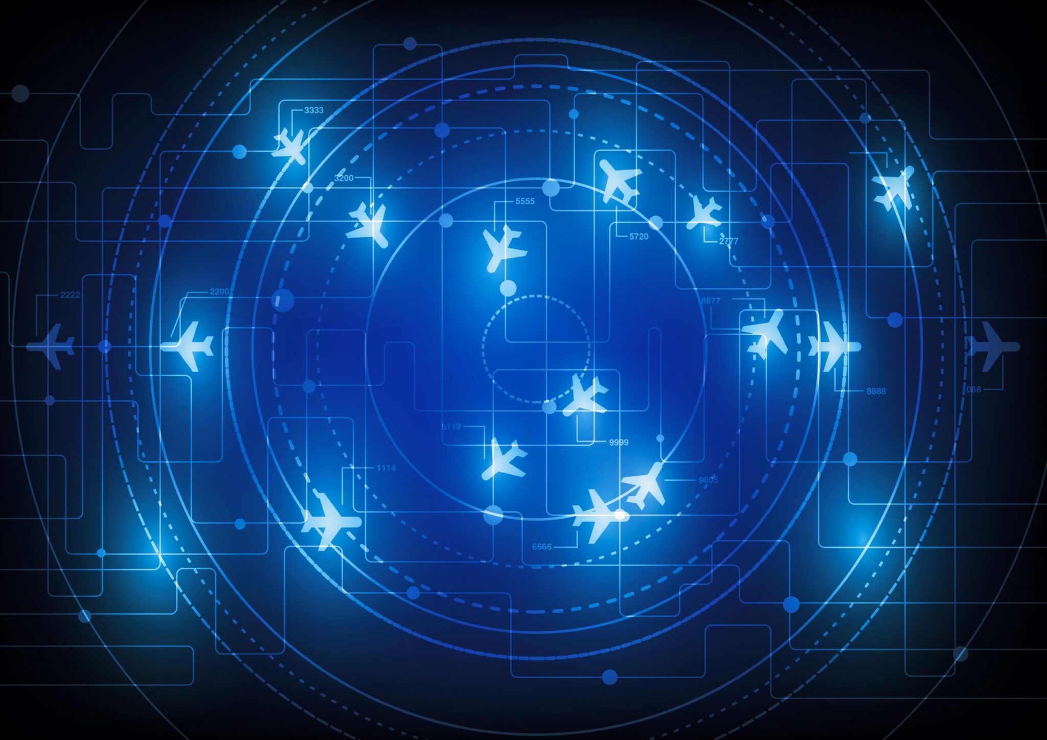 Digital illustration for (BUNDLE) MWATR + MIPFTR (PDF): glowing airplane icons fly in circles over a blue, radar-style background with abstract lines and network connections, representing aviation technology and air traffic control.