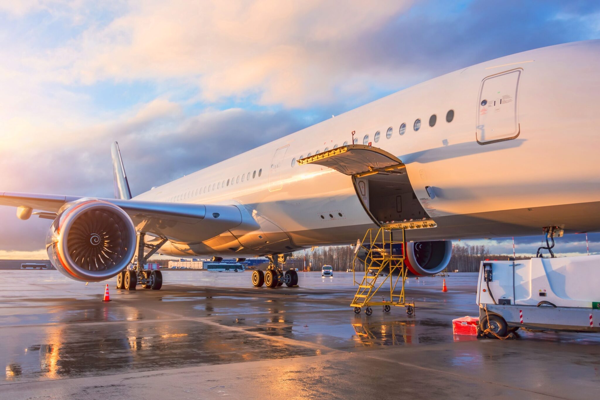 The Smart Data Hub Handbook sits open beneath a glowing sunset, like a large airplane on wet tarmac with cargo doors open and yellow stairs below—revealing engines and landing gear of data integration.