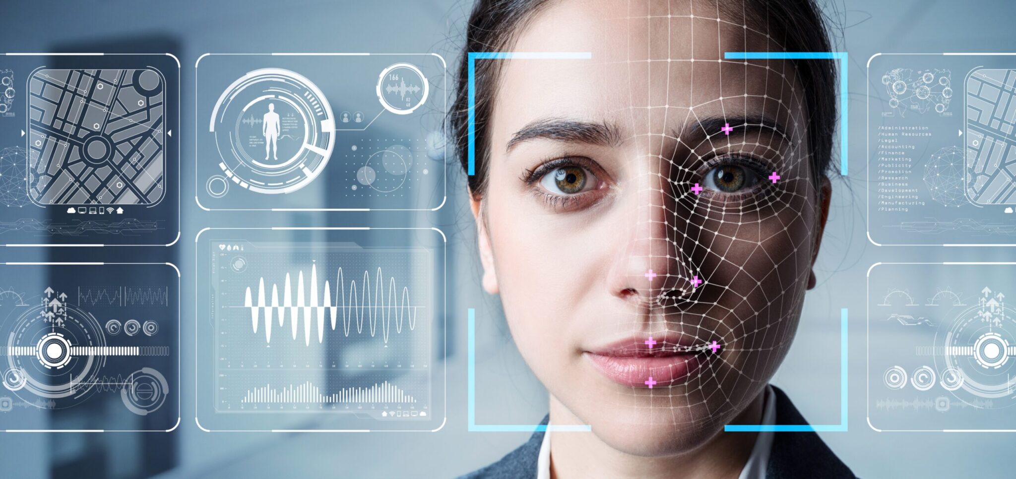 A woman’s face is scanned by Smart Security Vision 2040, with data, graphs, and biometric interface graphics surrounding her in a futuristic setting.