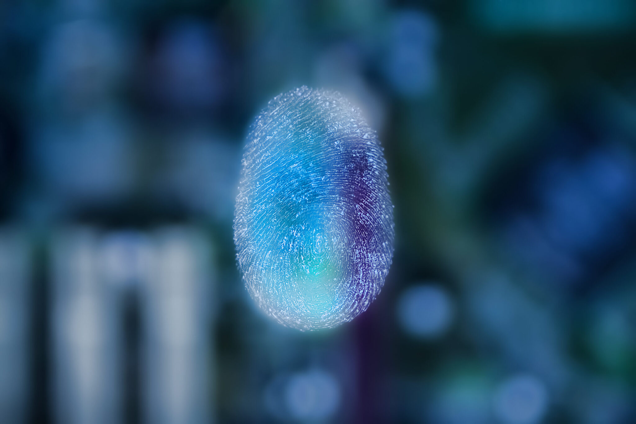 A glowing fingerprint in blue and purple hues is depicted in sharp focus against a blurred, dark background, representing The Future of Travel and Digital Identity at Airports through advanced biometric security technology.