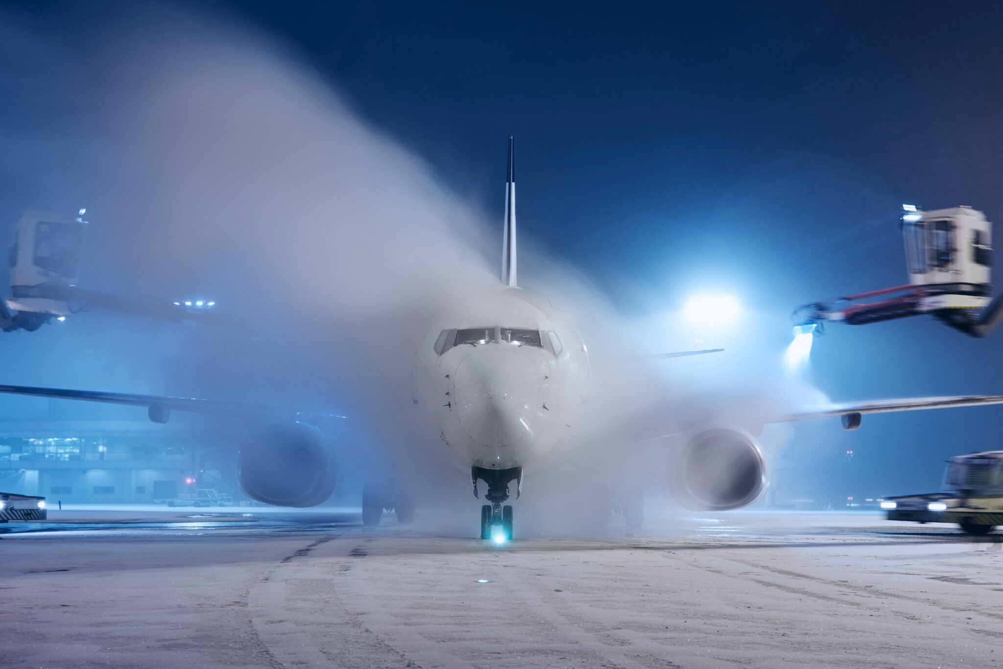 At night on a snowy runway, two vehicles de-ice a plane with mist, illuminated by blue and white lights—a scene featured in the ACI World Adverse Weather Operations Handbook 2024.