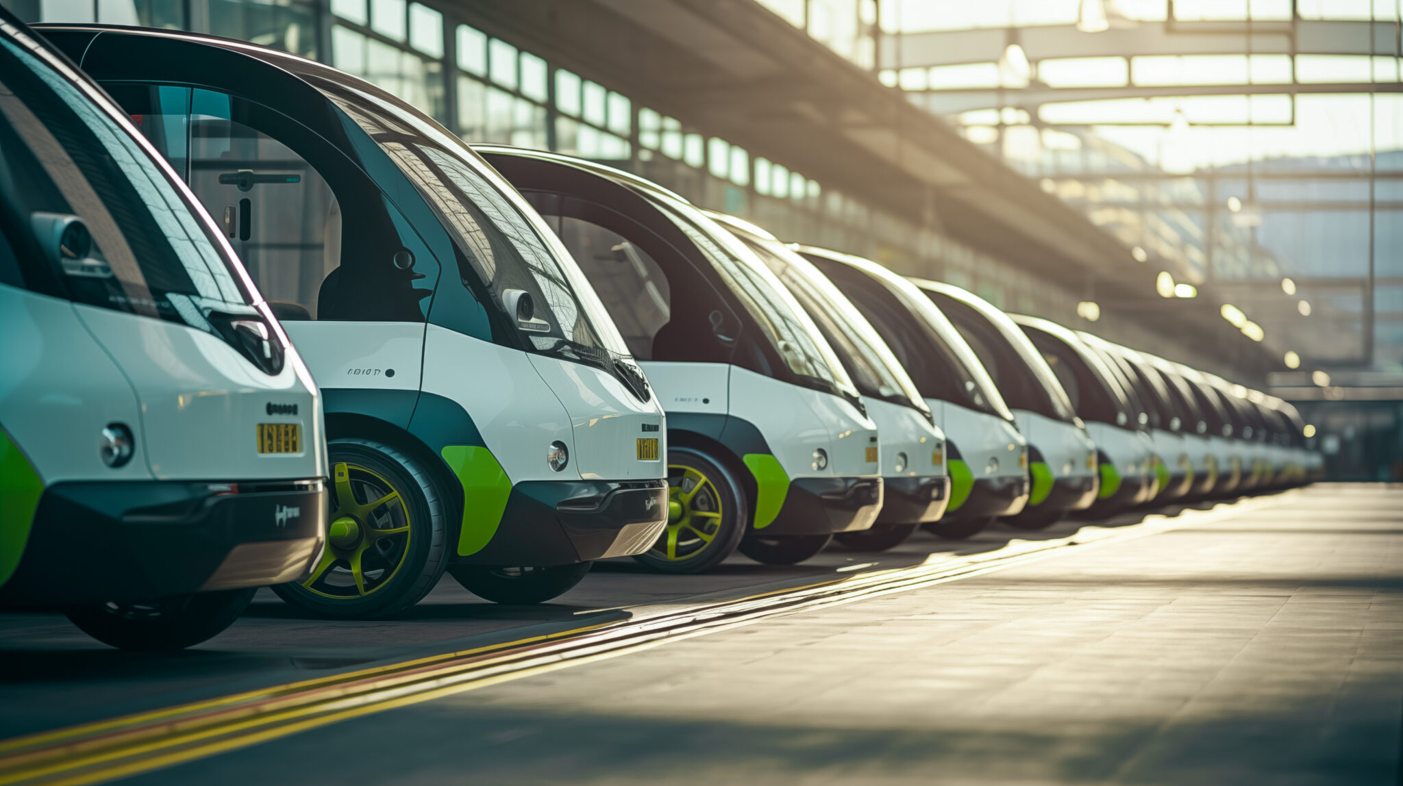 A row of small, modern electric cars with white and green exteriors are parked in a sunlit urban facility, aligning with the Sustainability Guidelines for Non-Aeronautical Concessionaires and promoting eco-friendly shared transportation.