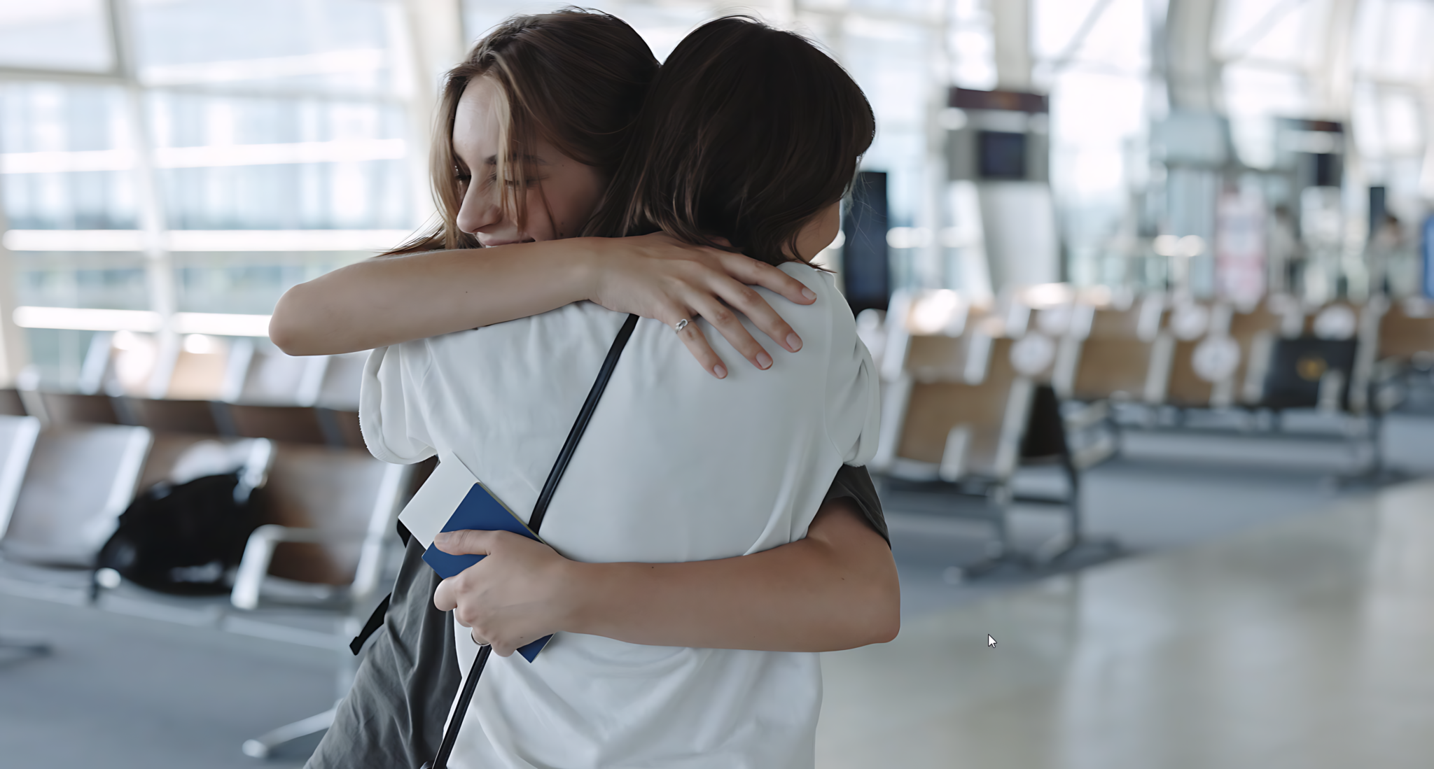 Two people embrace tightly in an airport terminal, with one holding a copy of the ACI Annual Report 2023. Rows of empty seats and large windows are visible in the background.
