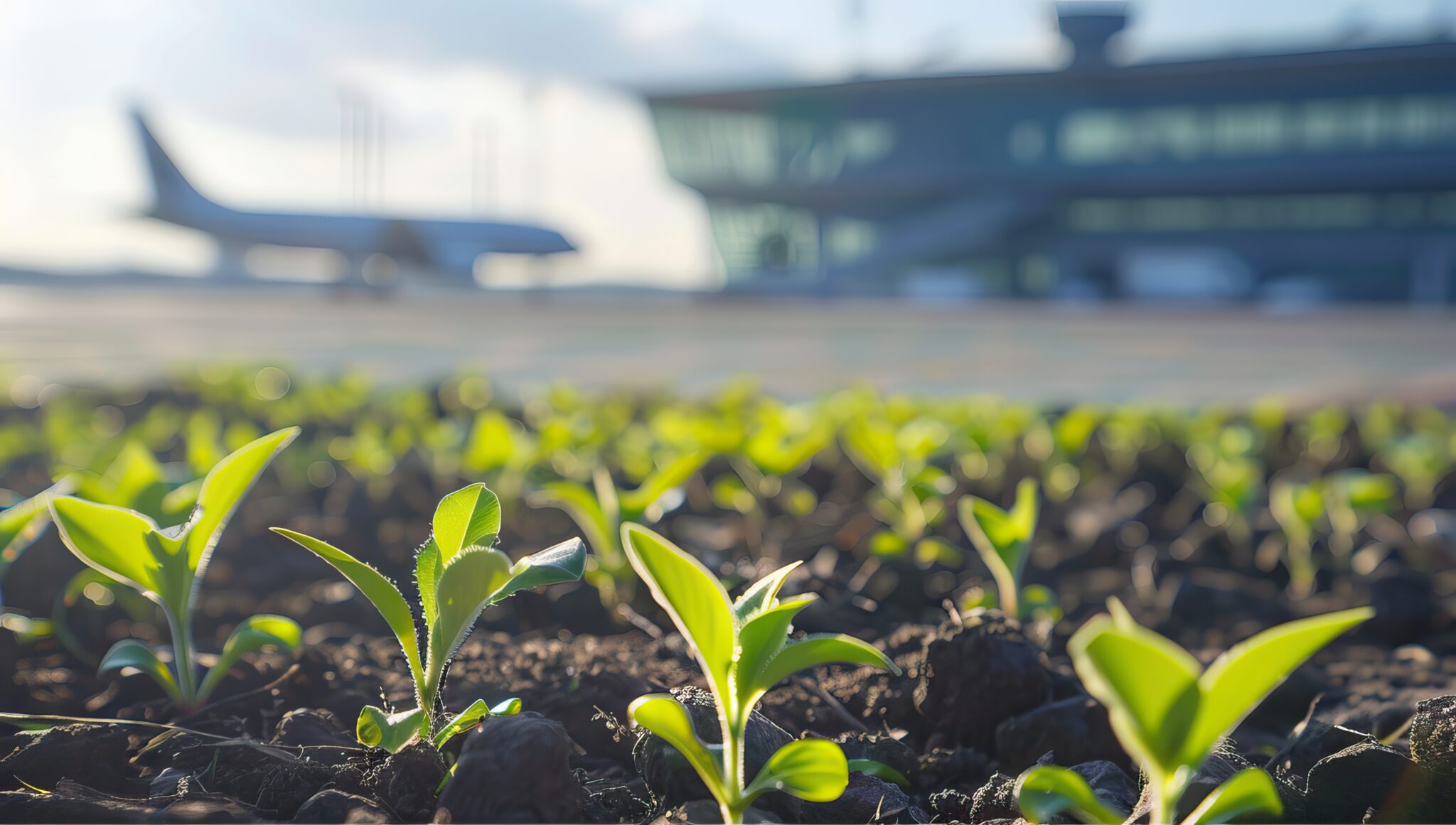 Close-up of green seedlings in soil, with an airport runway, airplane, and terminal blurred in the background—illustrating the theme of Guidance on Airport Decarbonization.