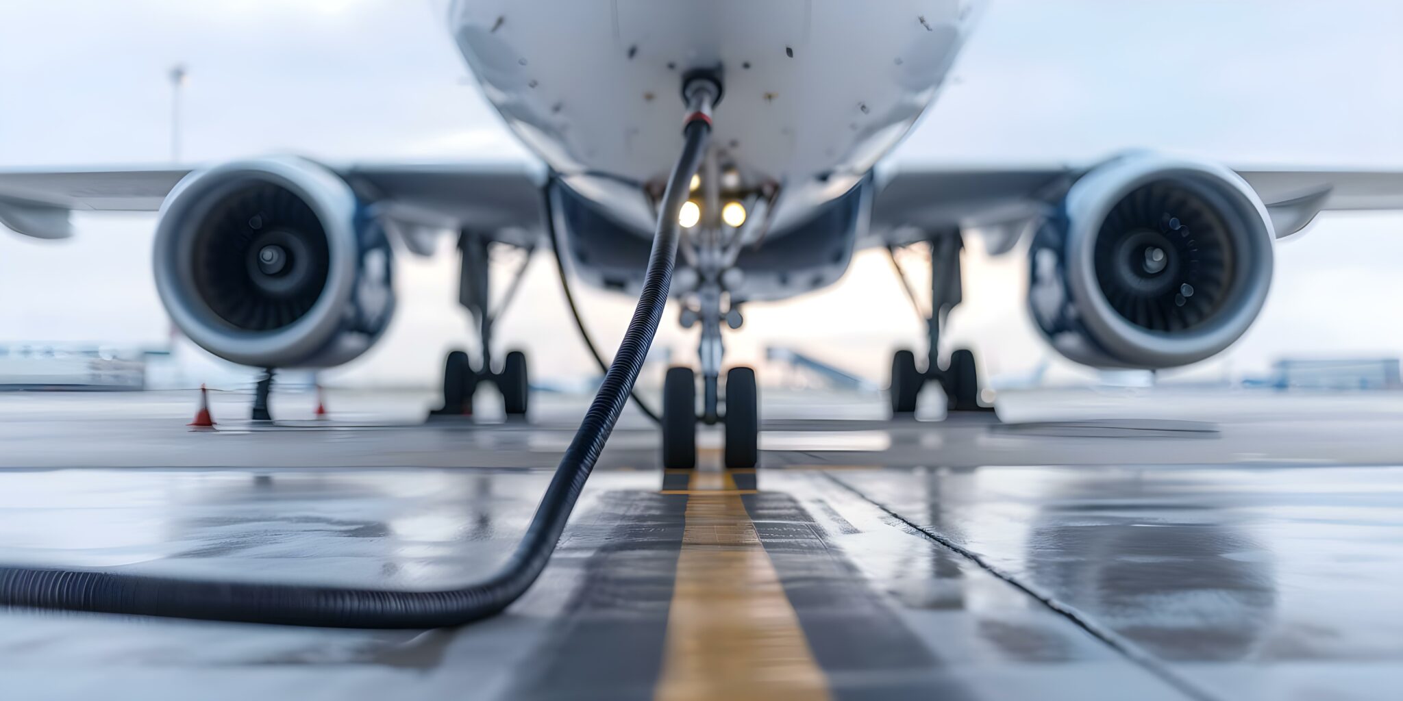Close-up, ground-level view of an airplane’s nose and engines on a wet tarmac, illustrating refueling beneath the aircraft; scene relates to 