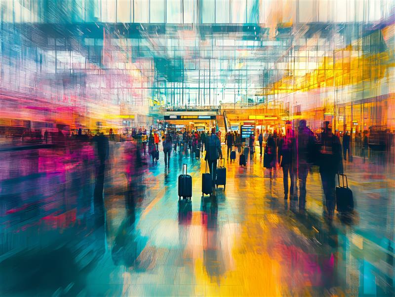 A vibrant, colorful, slightly blurred image of people with suitcases walking through a busy, modern airport terminal illustrates the 2025 Airport Key Performance Indicators.