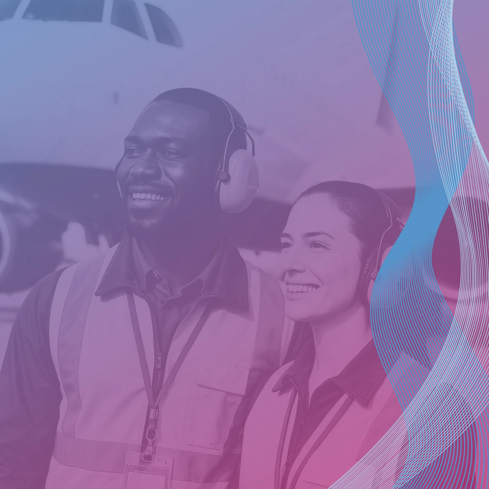 Two airport ground crew members in safety vests and headsets smile in front of a plane. A purple and blue gradient with wavy lines overlays the image, representing the Safety Management System Gap Analysis and Maturity Evaluation Tool.