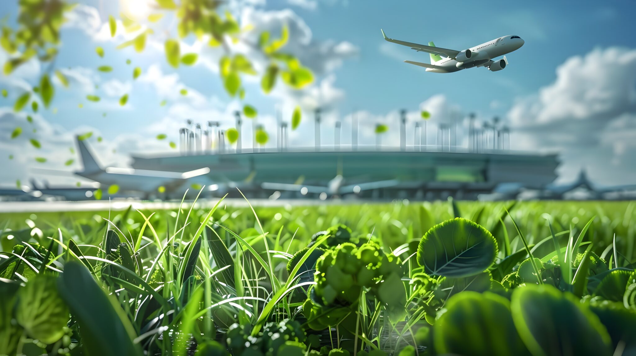 A close-up of green grass near an airport terminal with airplanes, highlighting environmental focus—a scene featured in the ESG Global Reporting Framework and Guidance for Airports.