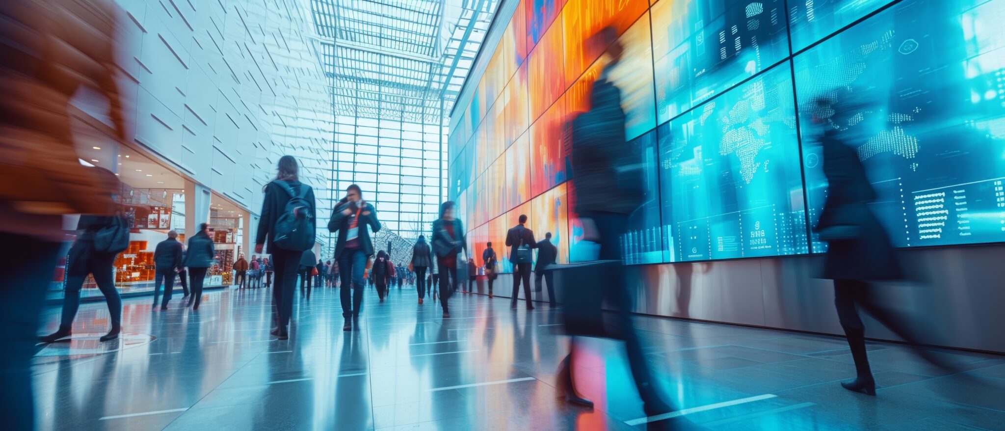 Visitors move through a bright, modern atrium under a glass ceiling, where Future-Ready Airports: IT & Digital Transformation displays digital data and graphics on wall screens.