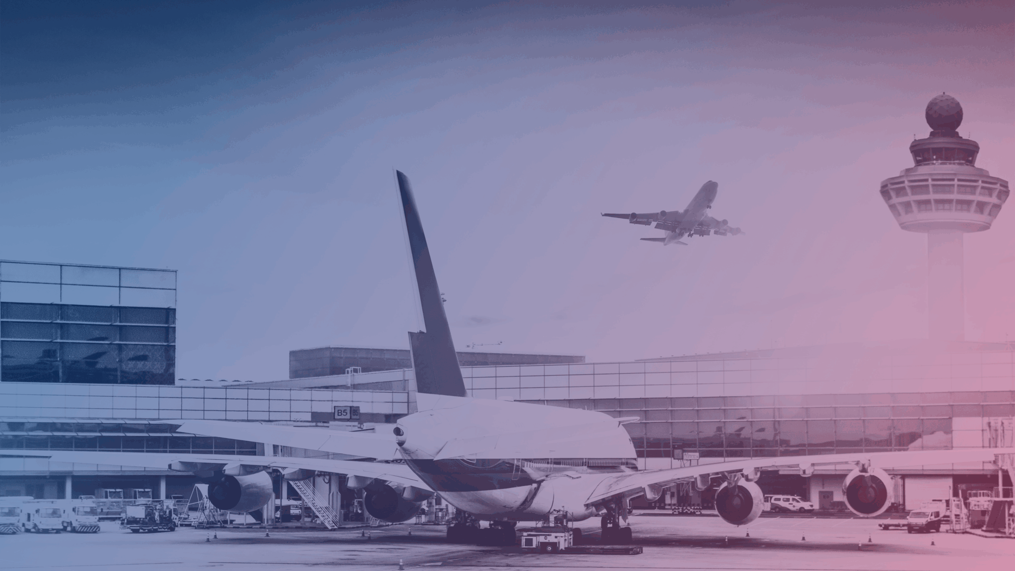 The cover of the Airport Industry Report Q2 & H1 2025 features a large airplane at an airport gate with another taking off near a control tower in the background, set against a pink and blue gradient overlay.