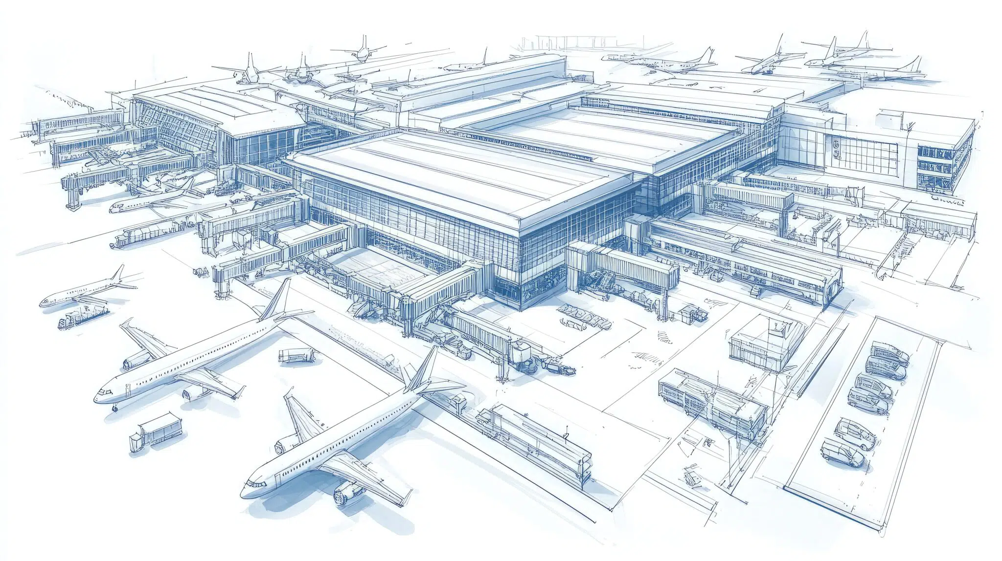 A blueprint-style illustration of a busy airport terminal with planes, jet bridges, and terminals—ideal as a visual for the 2026 Airport Economics Report.